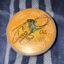 Drake Caggiula Chicago Blackhawks Thanksgiving 2018 Autographed Puck No Coa