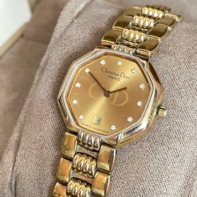 CHRISTIAN DIOR Octagon 11 Diamond Watch Women's Gold Dial Quartz Pre-Owned