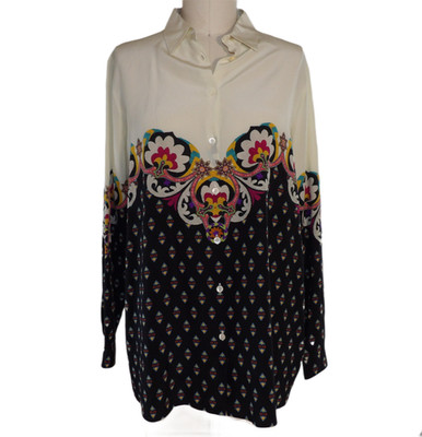 Etro 50 Womens Beige Floral Silk Sheer Long Sleeve Blouse Made in Italy