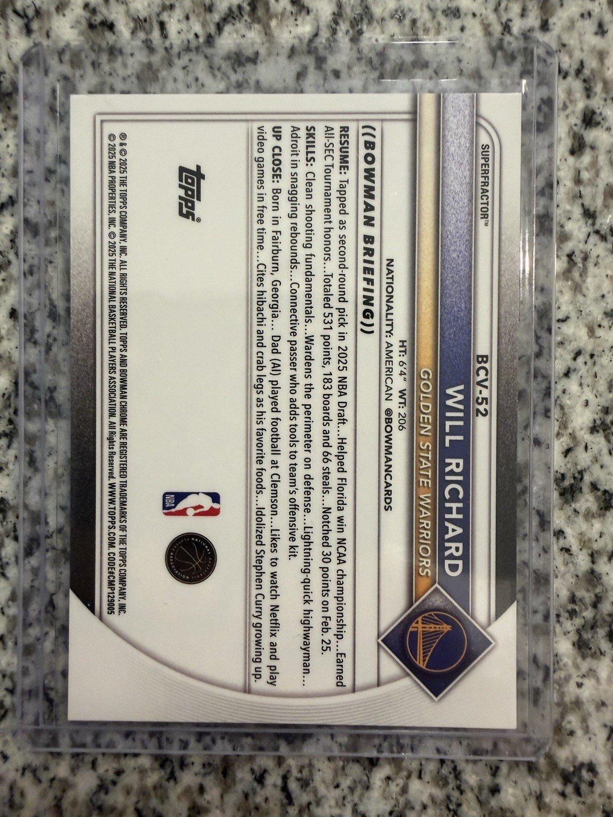 2025/26 Bowman Chrome Superfractor 1/1 Will Richard RC view 2