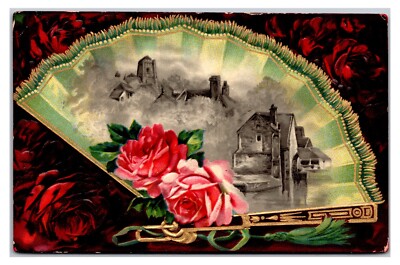 Antique Early 1900s- ''Flowers & Barns''- Fan Design Postcard (UnPosted 1908)