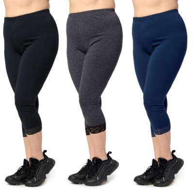 Große Größen Damen Leggings 3/4 Länge mit Spitze aus Baumwolle Plus Size 3XL-7XL