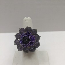 Silver Tone Ring Purple Beads w/ Purple Flowers Stretch Band