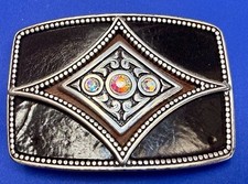 Centered Rhinestone Accent's W/ Metal Border Vtg. Leather on Metal Belt Buckle
