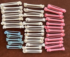 Vintage Lot of 38 Plastic Swing Arm Clip Perm Rods Ass't Sizes Pink White Blue