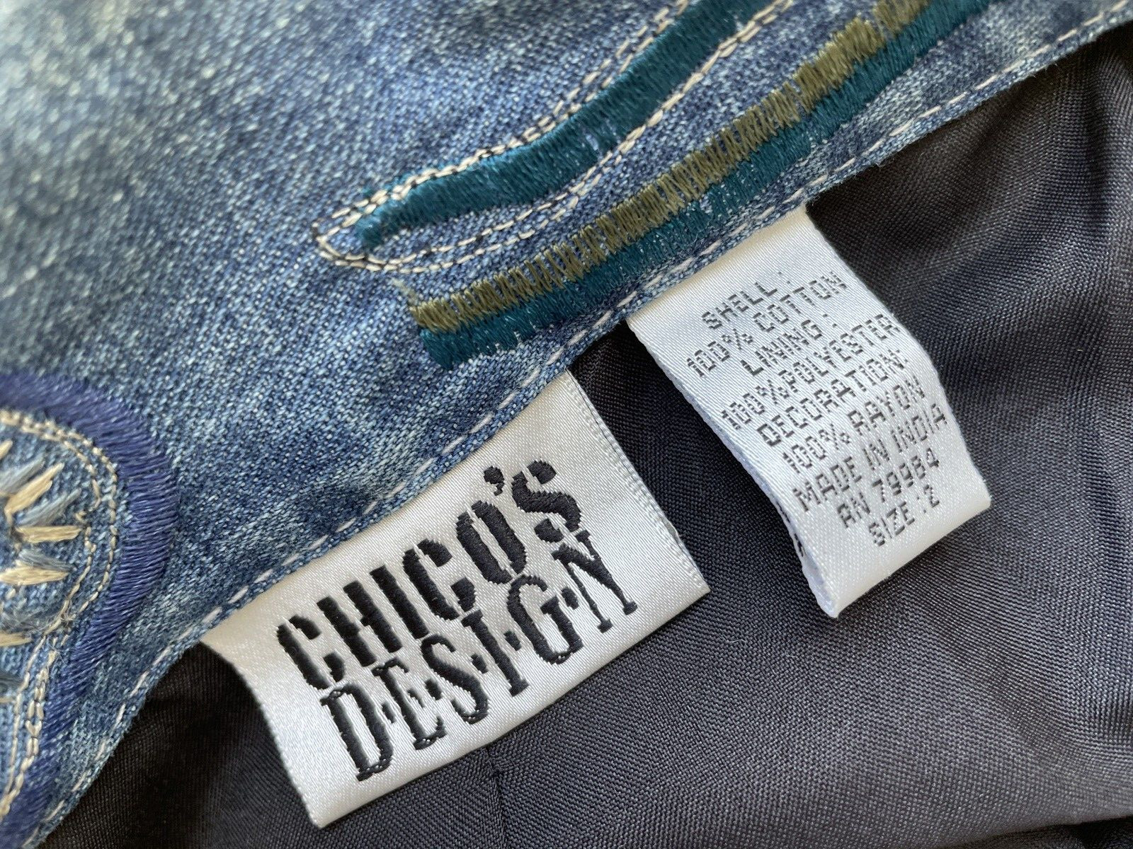 Chico's 2 Denim Jacket Cotton Blue Patchwork Embr… - image 2
