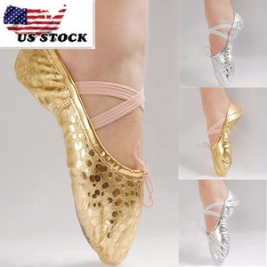New Women Girls Gold Silver Ballet Gymnastics Sequins Leather Dance Shoes Ob Ebay