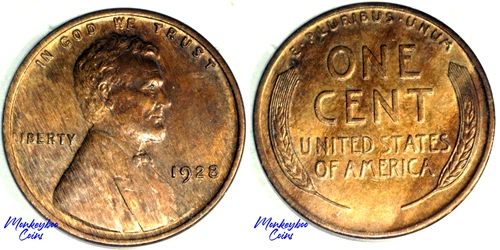 1928 UNC Wheat Cent - High Grade Woody Improper Alloy Mix - Very Rare Mint Error
