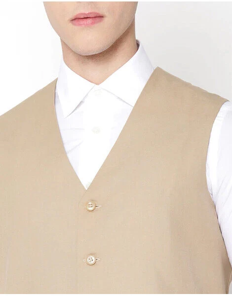 Mens Beige V Neck Single Breasted Formal Wedding Smart Casual Waistcoat Vest - Image 2 of 4