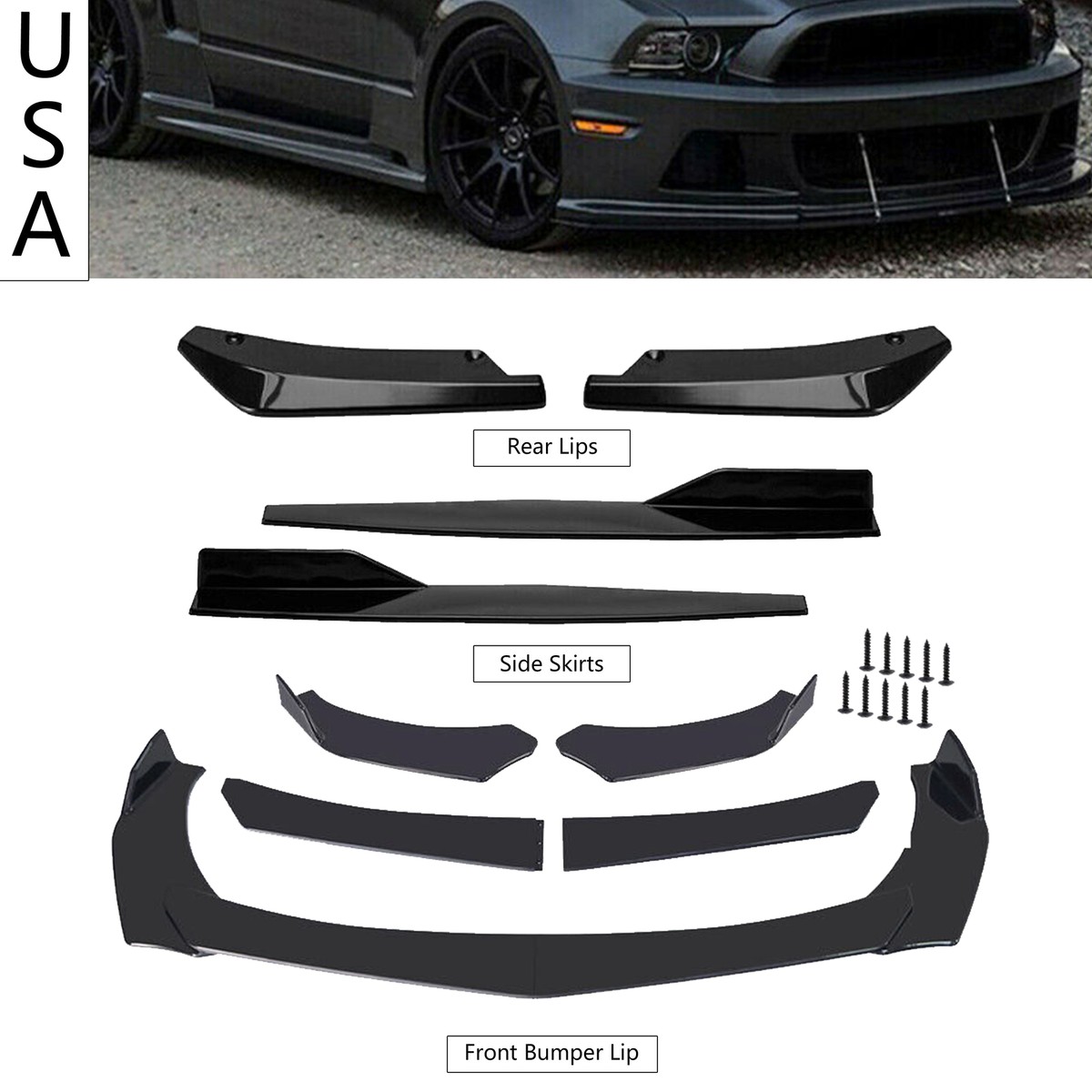 Glossy Black Front Bumper Lip Splitter Lower Spoiler Body Kit Fits