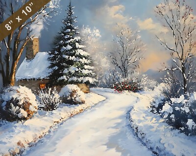 Holiday scene with a snow-covered path oil painting 8x10 Print