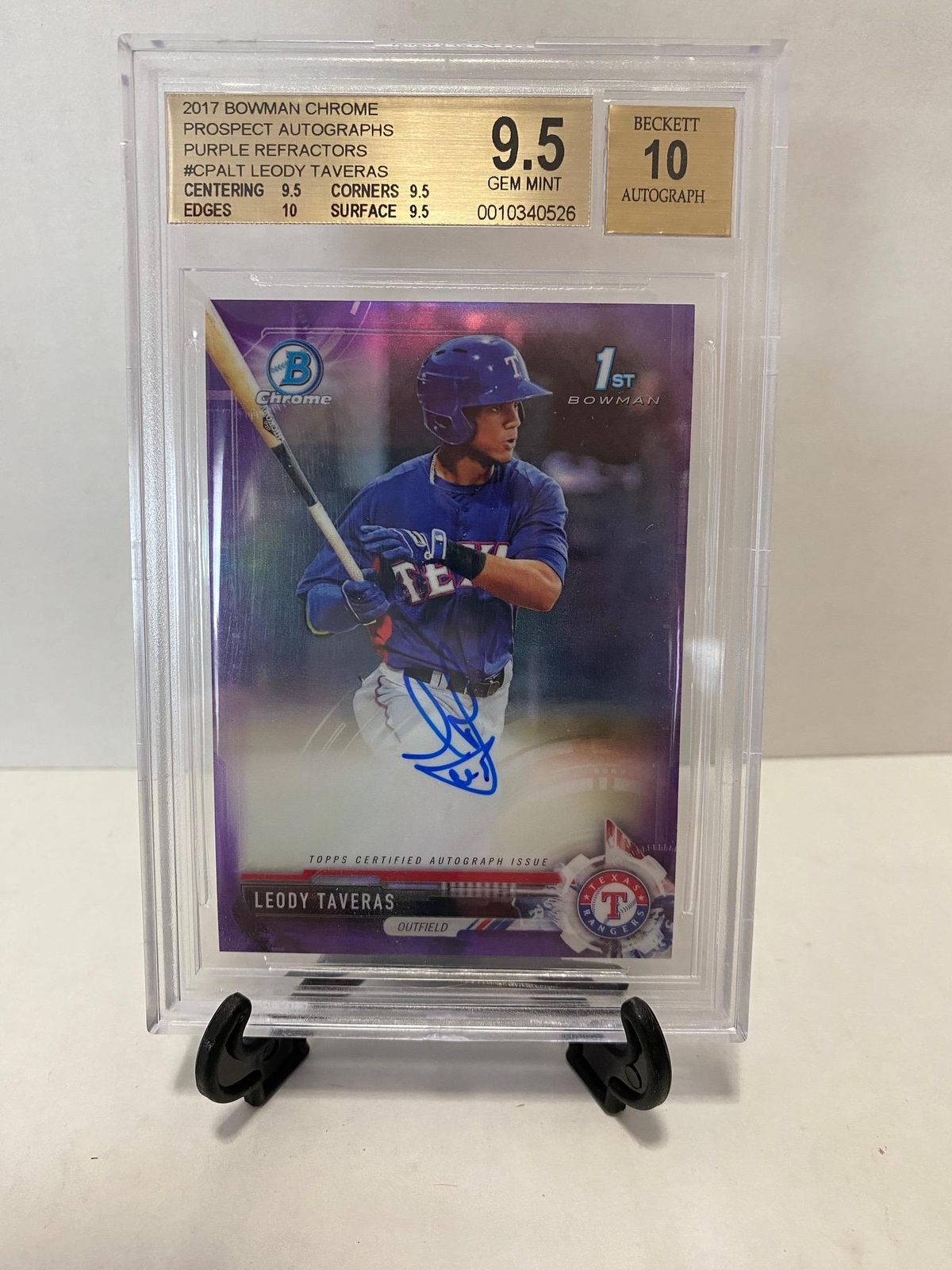 2017 BOWMAN CHROME PURPLE REFRACTOR AUTO LEODY TAVERAS RANGERS /250 BGS 9.5/10