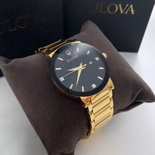 Men New Bulova Modern Futuro Black Dial & Gold Bracelet Quartz Watch 97D116 42mm