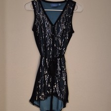 Simply Vera Vera Wang Sequined Tunic Top Sz S Teal Silver Snap Front Belted Glam