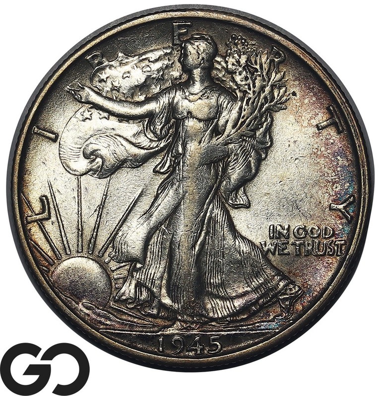 1945-S Walking Liberty Half Dollar, Rich Peripheral Toner, Choice AU++