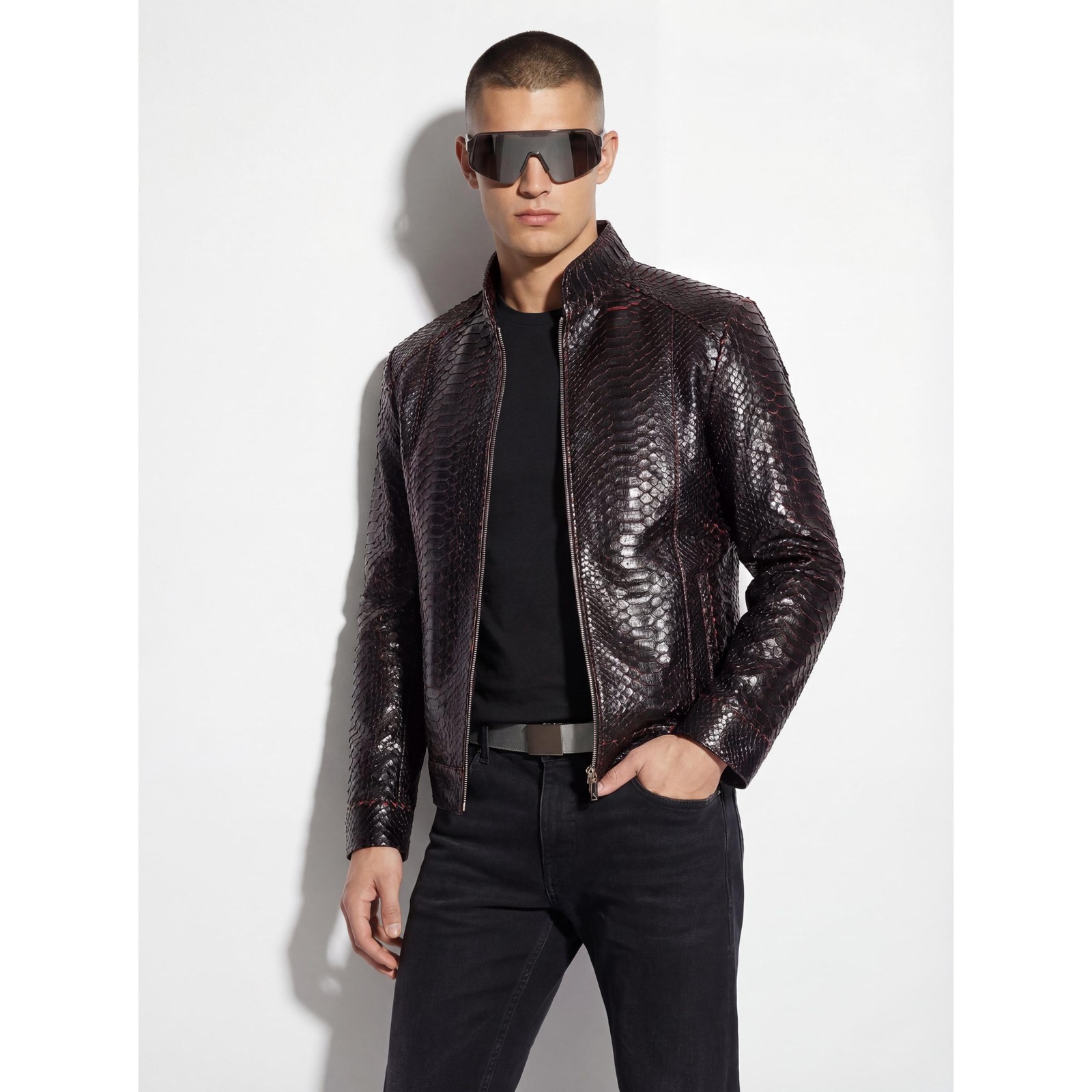 Genuine Python Leather Men's Exotic Snake Skin Red Black Luxury Handmade Jacket