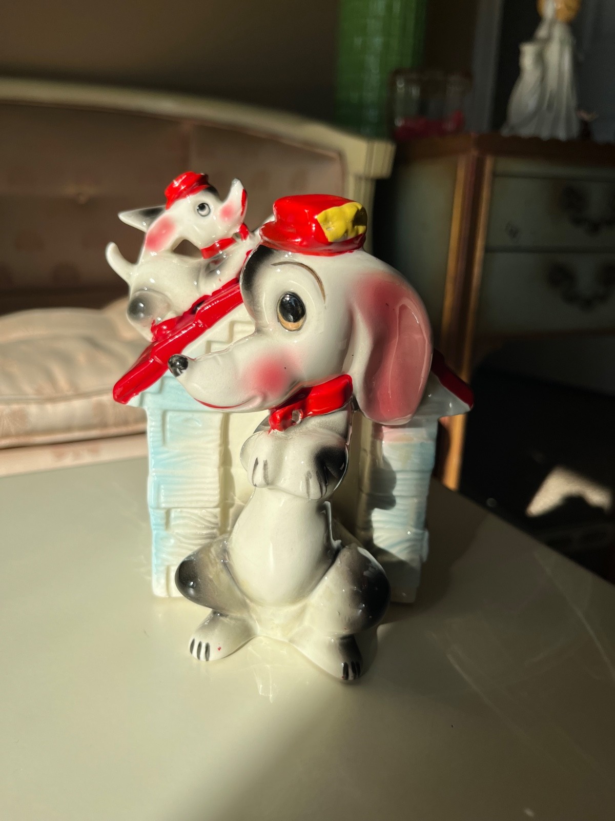 Vtg Lipper & Mann RED/BLACK/BLUE/WHITE Dashshund Mother DOG & PUP Ceramic BANK