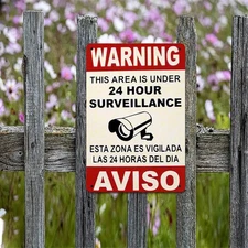 Retro Surveillance Aviso Tin Sign Bilingual Metal Warning Plaque for Yard Indoor