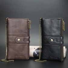 Men's Long Wallet with Chain Leather RFID Blocking Biker Trucker Bifold Zipper