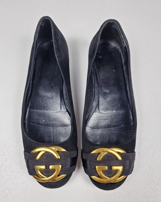 Gucci Suede Ballet Flats Black GG Logo Size 37 Made in Italy