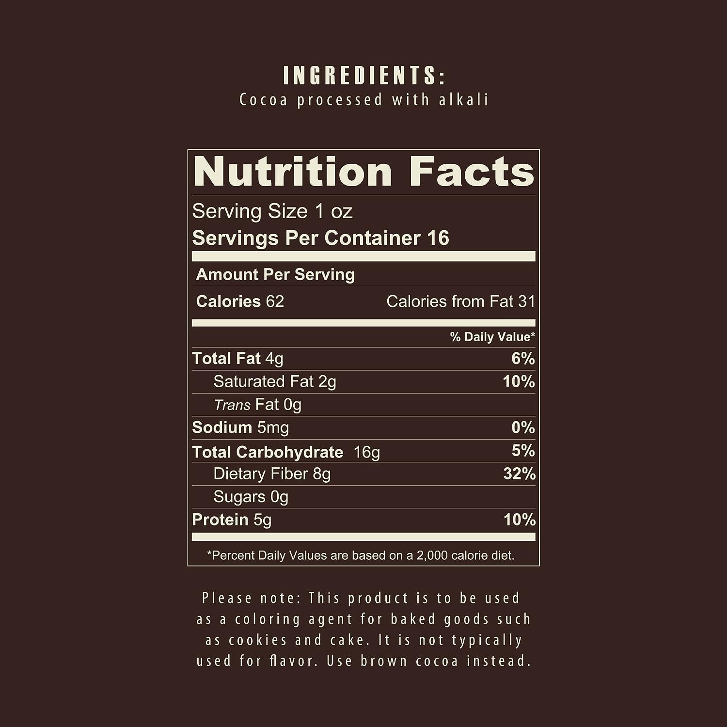 Black Dutch Cocoa Powder Alkalized Vegan Sugar Free 1 Pound Baking Chocolate