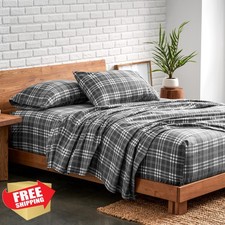 Bare Home Twin XL Flannel Sheet Set Stirling Plaid Grey White Cotton Soft