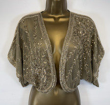 Topshop Bolero Gold Mesh Bead Sequin Shrug Cape Kimono Jacket 20’s Flapper UK 12