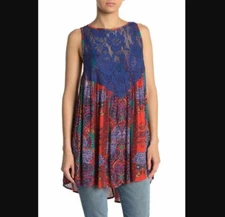 Free People NEW NWT XS Count Me In Trapeze Tank Top Tunic Swing Blue Boho $88 
