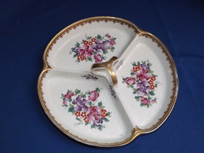 Antique Edme Samson Hand Painted Paris Porcelain 3 Part Handled 10''W Tidbit Dish