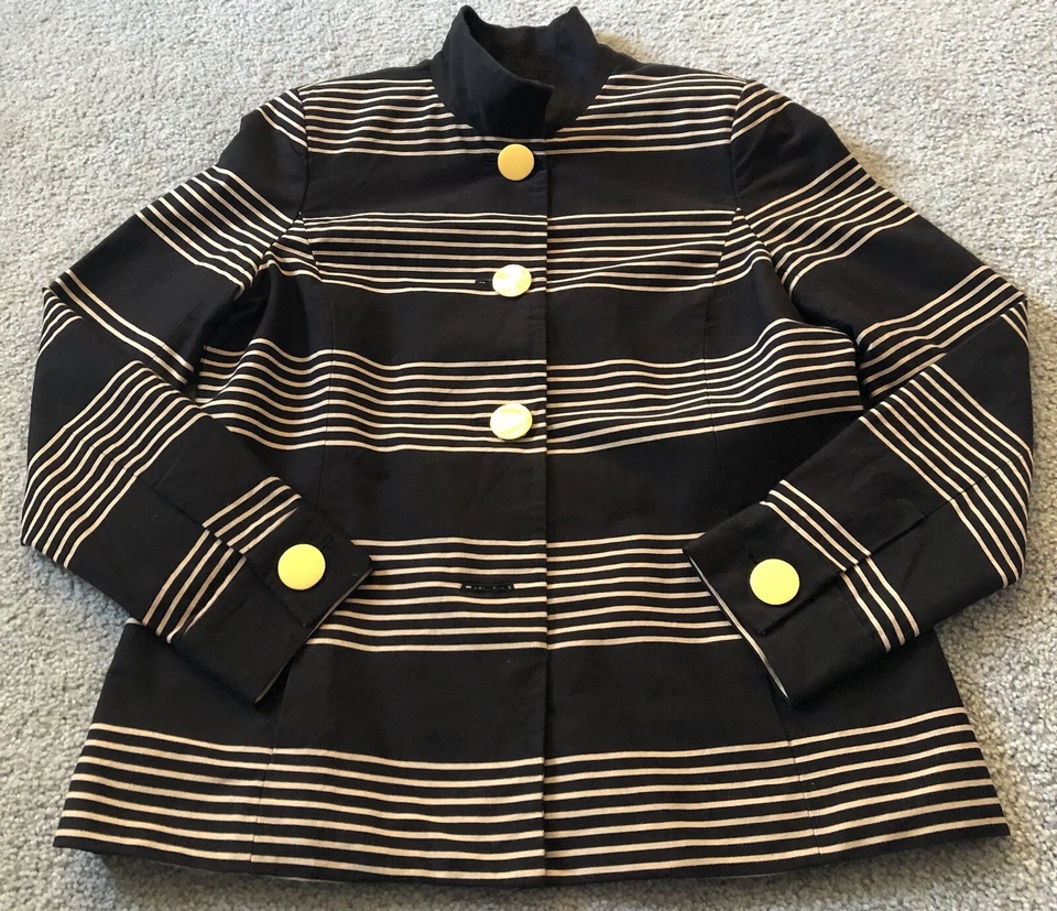 Y2K Jones носить в полоску Blazer куртка женщин Sz M на пуговицах черное золото Academia - Изображение 4 из 4