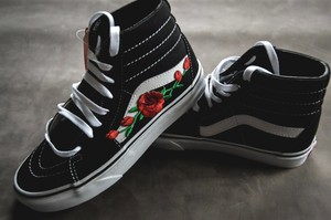 Made To Order Custom Vans Sk8 Hi Black White Rose Embroidered Iron