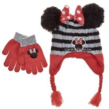 Disney Minnie Mouse Bow 3D Pom Pom Ears Girl Peruvian Beanie Hat Gloves Set