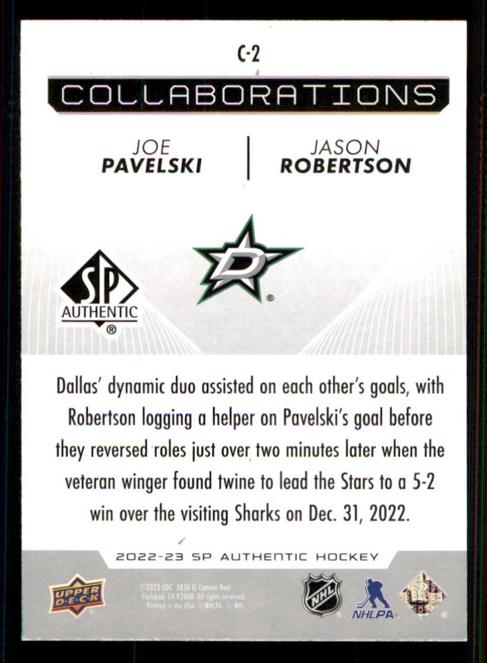2022-23 SP Authentic Collaborations #C2 Joe Pavelski/Jason Robertson - Image 2 of 2