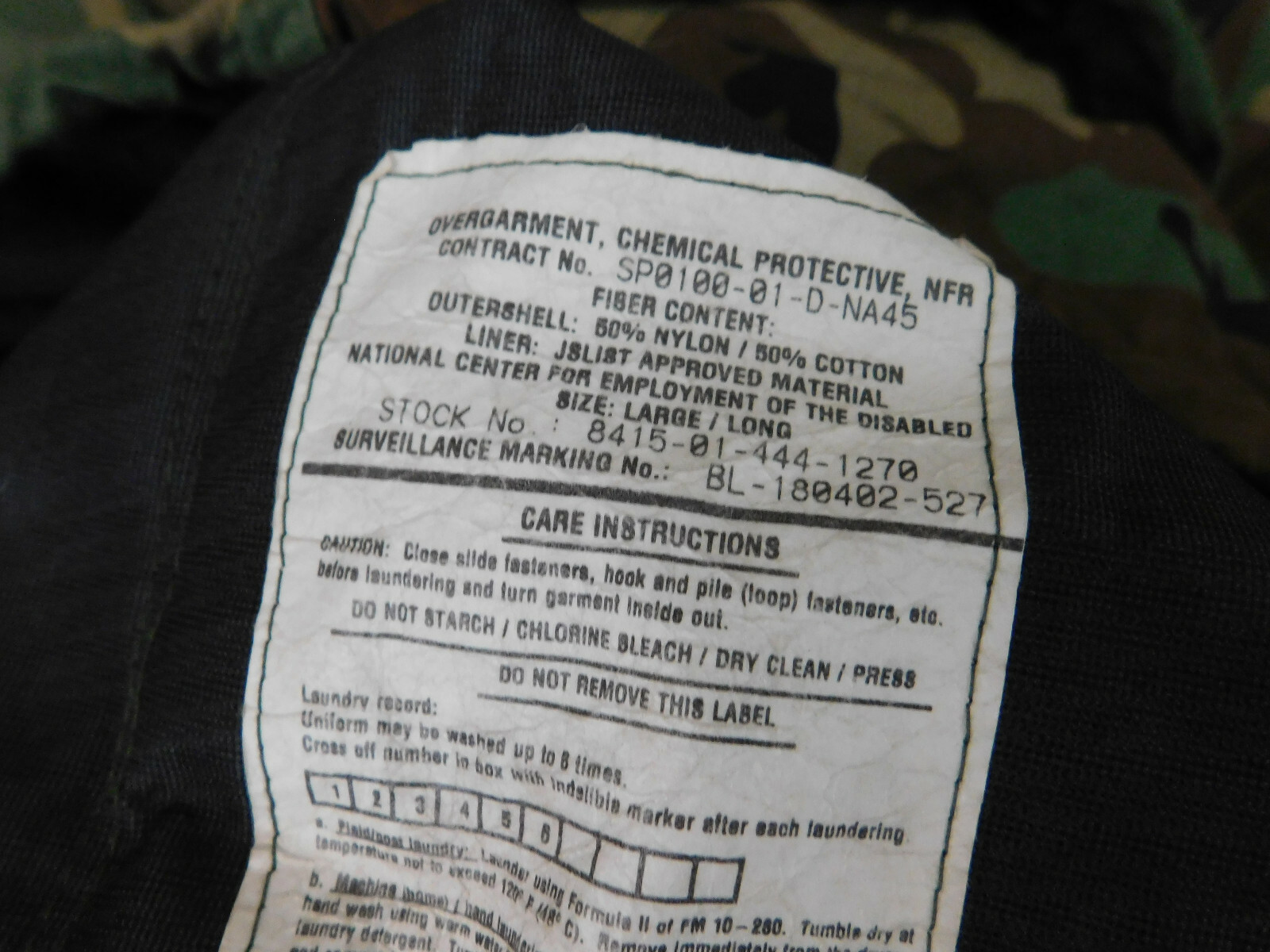 Army Combat Uniform (UCP) OverGarment Chemical Protective NFR