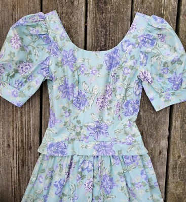Laura Ashley vintage 80s cotton tea dress puff sleeve blue pastel