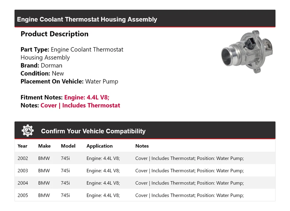 Bomba de água conjunto carcaça termostato dorman 2002-2005 BMW 745i 4.4L V8 - Imagem 2 de 4