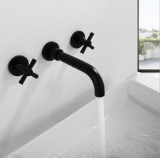 Wall Mounted Bathroom Sink Faucet Black Swivel Spout Basin Mixer Tap 2 Handles