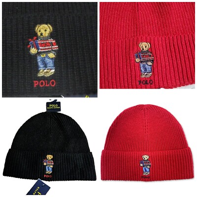 Polo Ralph Lauren Men’s Holiday Bear Beanie, Red 620 or Black 001 Knit Hat,  OS
