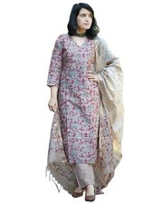 Women's Cotton Blend Printed Straight Kurta with Pant  Dupatta