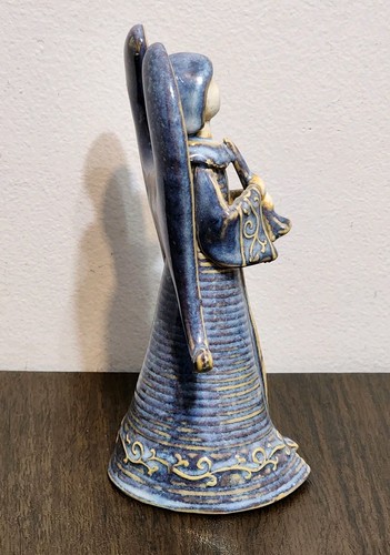 STUDIO POTTERY Blue Glazed Ceramic ANGEL w/ HORN Spanned Wings Detailed 7.75" - Picture 4 of 13