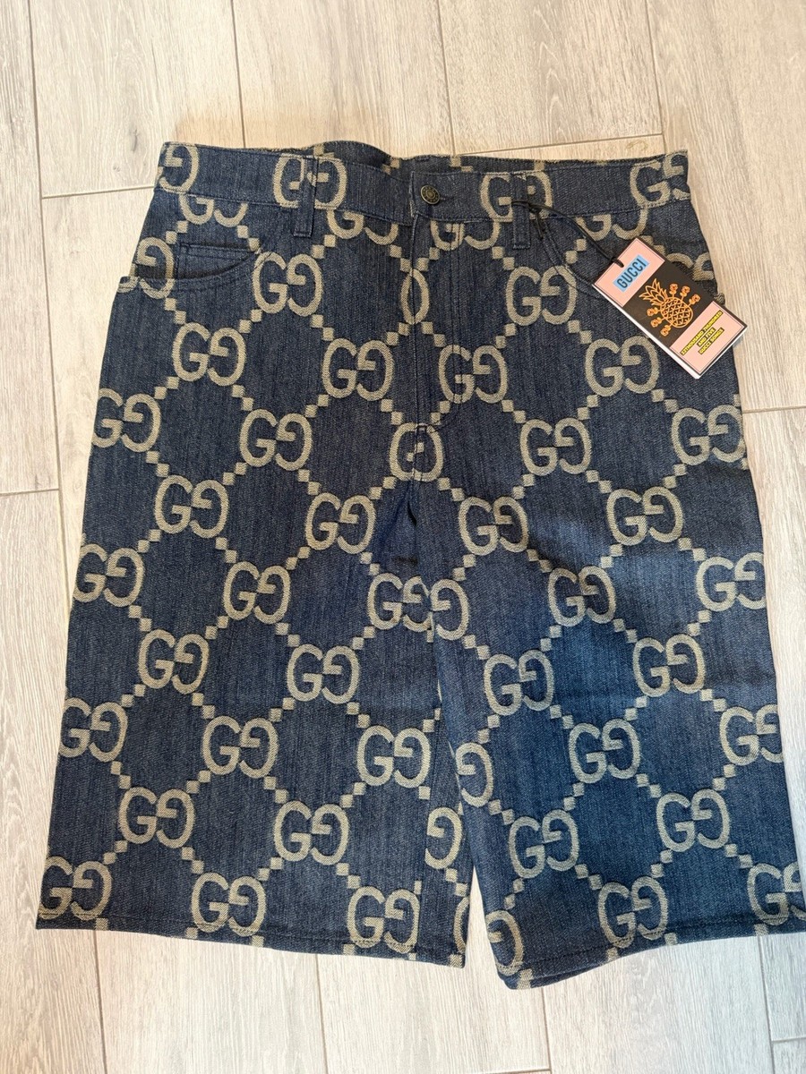 Gucci Pineapple Jumbo GG Print Blue Denim Shorts Men's Size 36