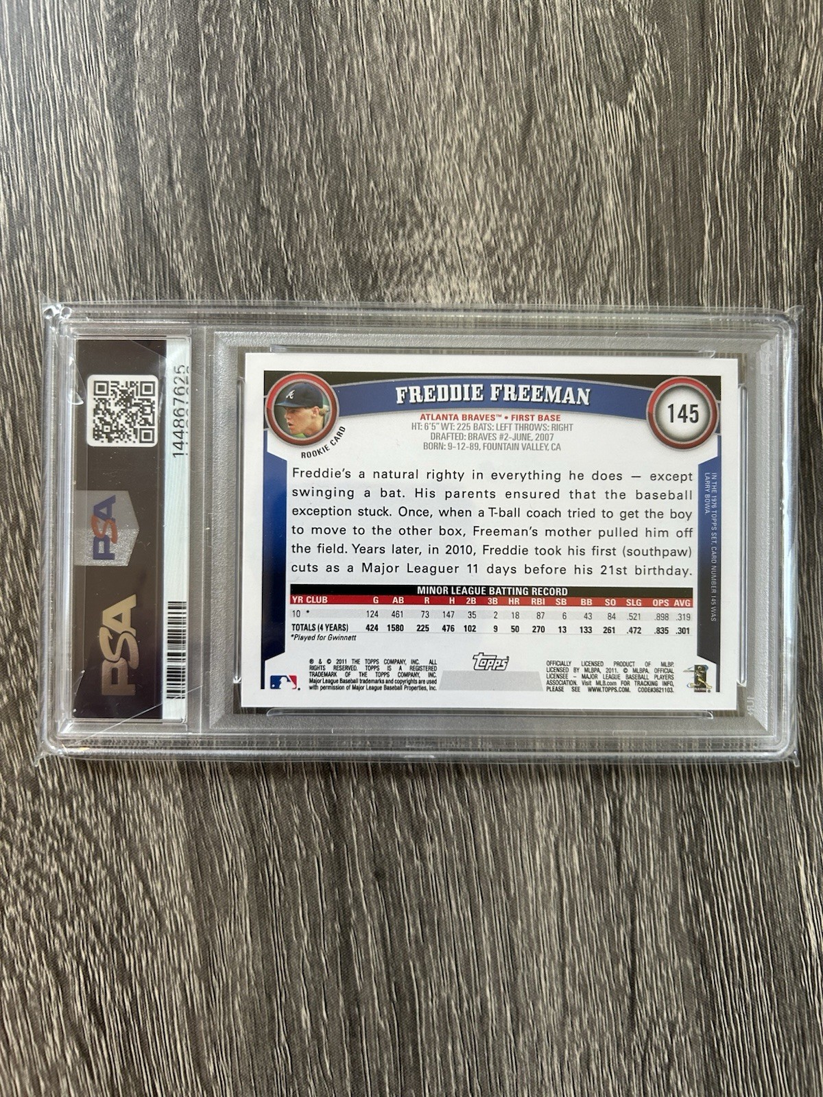2011 Topps Freddie Freeman Rookie RC #145 PSA 10 GEM MINT Braves Dodgers HOF view 2