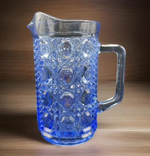 Vintage Federal Glass Windsor Blue Crystal Button & Cane Pint Pitcher 6” Tall