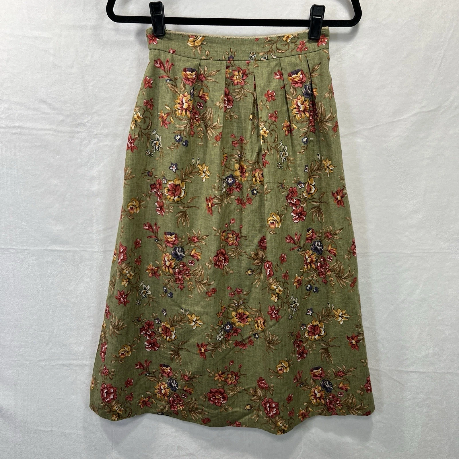 VTG Linen Blend Midi Skirt Womens 8 Petite Green Floral Lined Cottagecore Modest