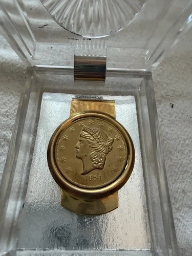 Vintage Money Clip With 1854 Liberty Head Replica Coin Kellogg & CO Made In USA