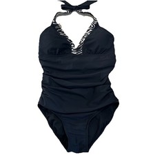 SPANX Black 1 PC SHAPING Ruched Halter Swimsuit Bathing Suit Size Large Zebra