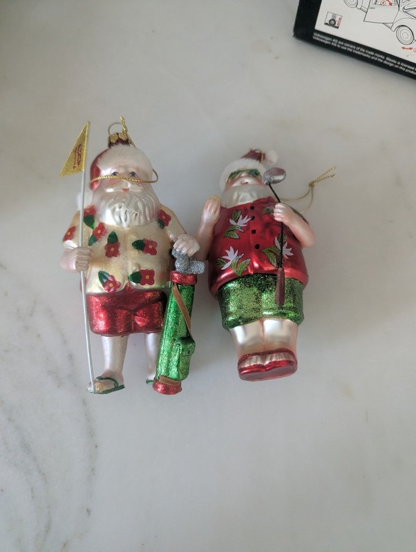 2 BLOWN GLASS SANTA GOLF~HOLE 18 FLAG~GOLFER~SPORTS~CHRISTMAS ORNAMENTS 5"
