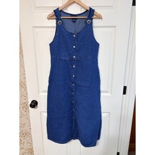 Blue J Denim Pinafore Dress Button Front Sleeveless Midi Size S
