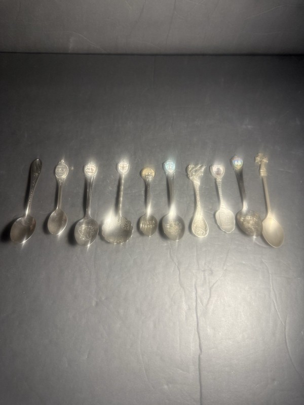 Vintage Pewter & Silver Plate Souvenir Spoons. Lot of 10 Spoons
