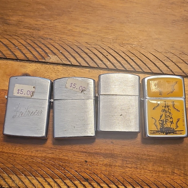 Lot of 4 Vintage Flip-Top Lighters: 3 Silver Tone, 1 Ship Design